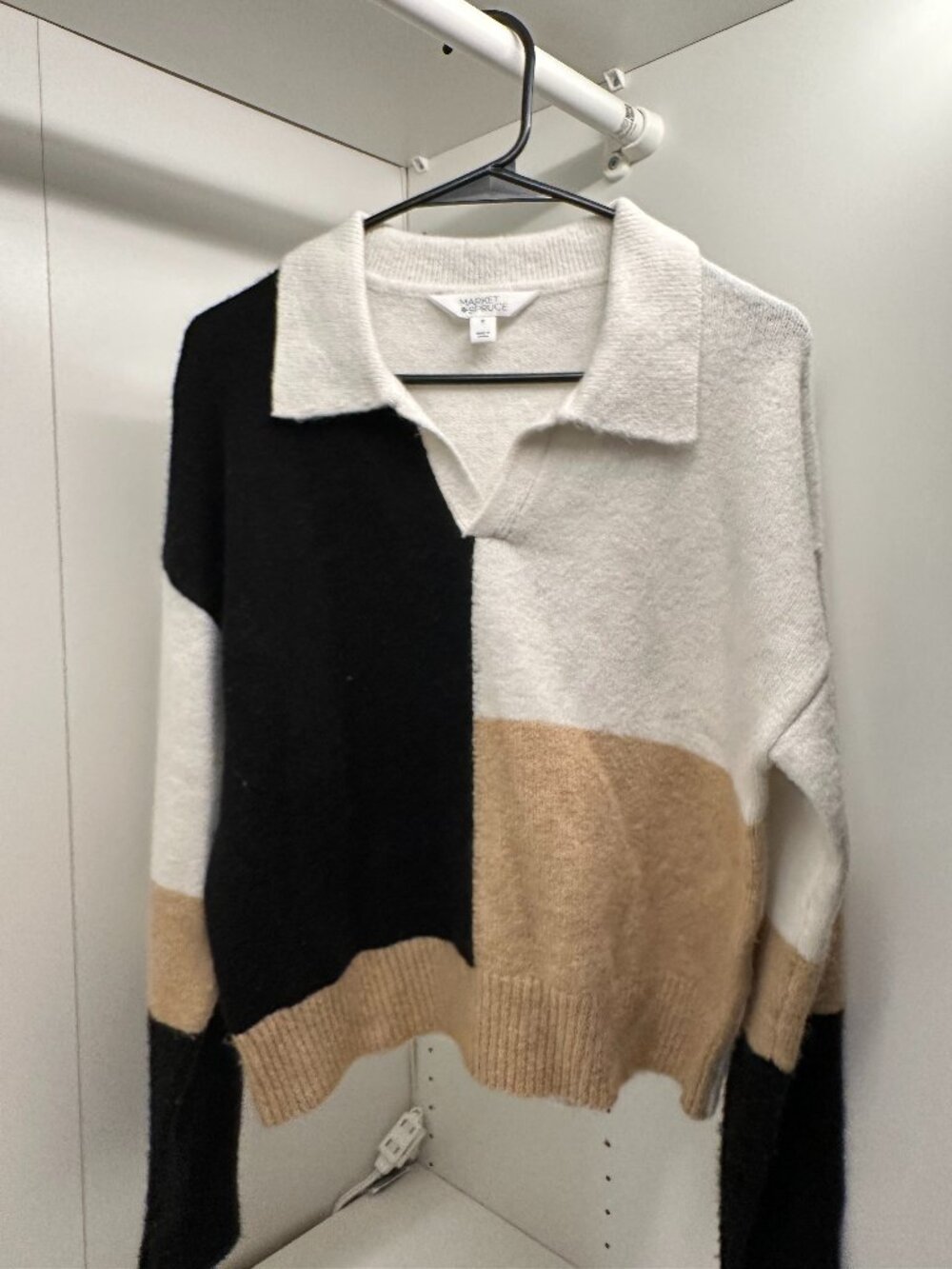 Market & Spruce Color Block Polo Sweater Cream Black Tan Long Sleeve Size M